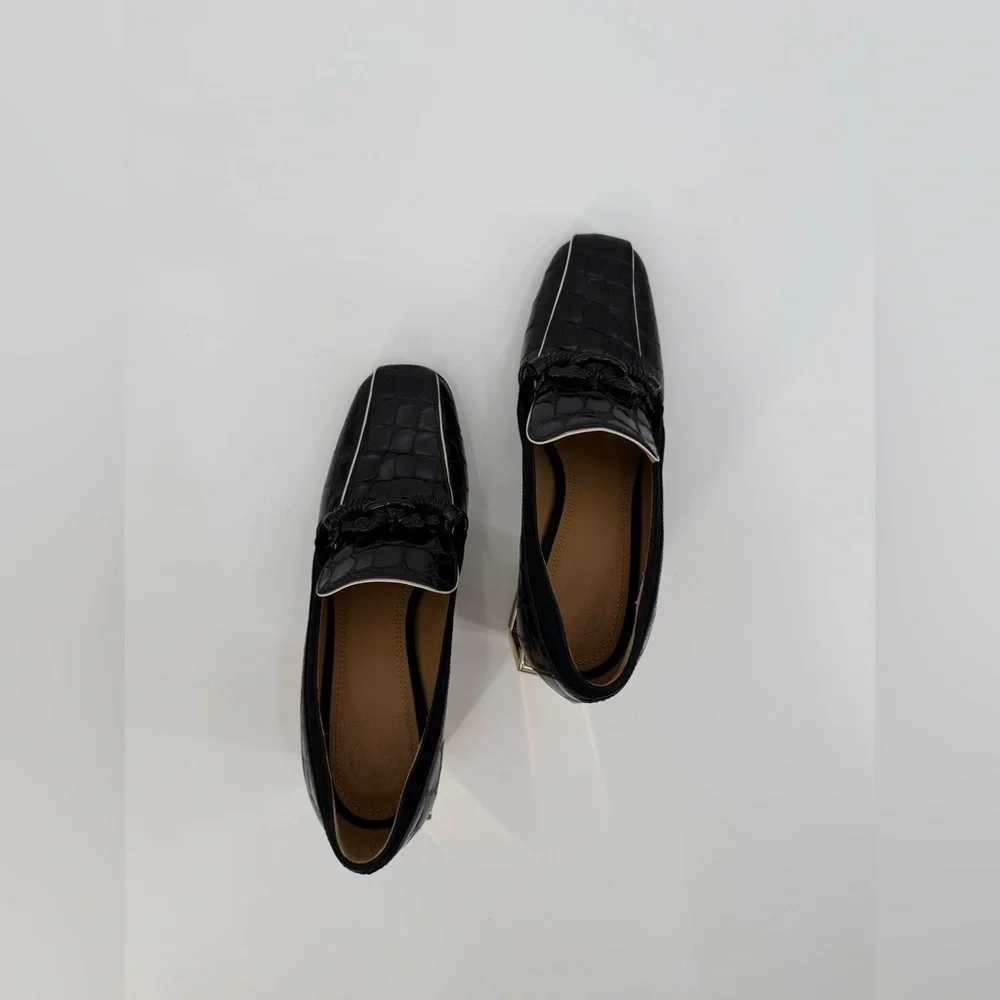 Tory Burch Jessa Black Croc Texture Square Toe Loafers Gold Architectural Heel